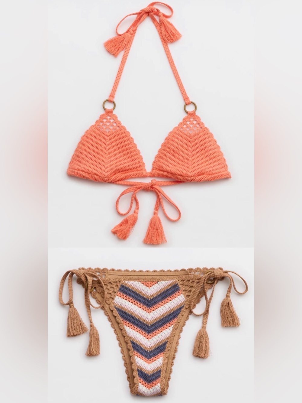 NWT Aerie FULL SET Crochet String Triangle Top + String Tie Bottom Peach Brown S